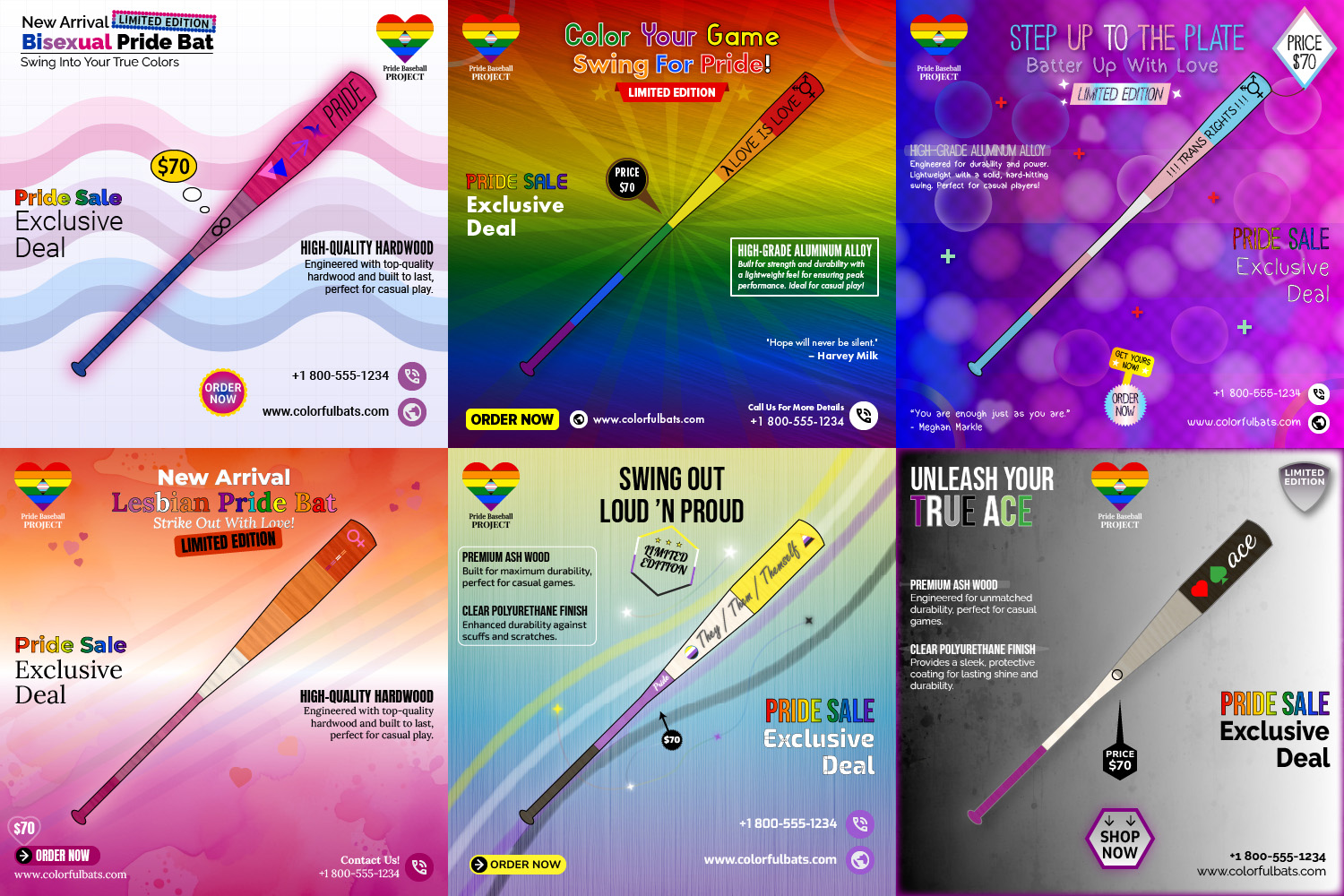 A collage consisting of 6 baseball bat product banners.