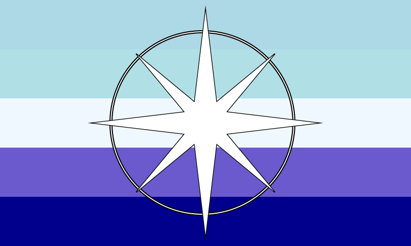 A flag with five horizontal stripes: two dark blue, one white, two light blue. In the center is a celestial compass.