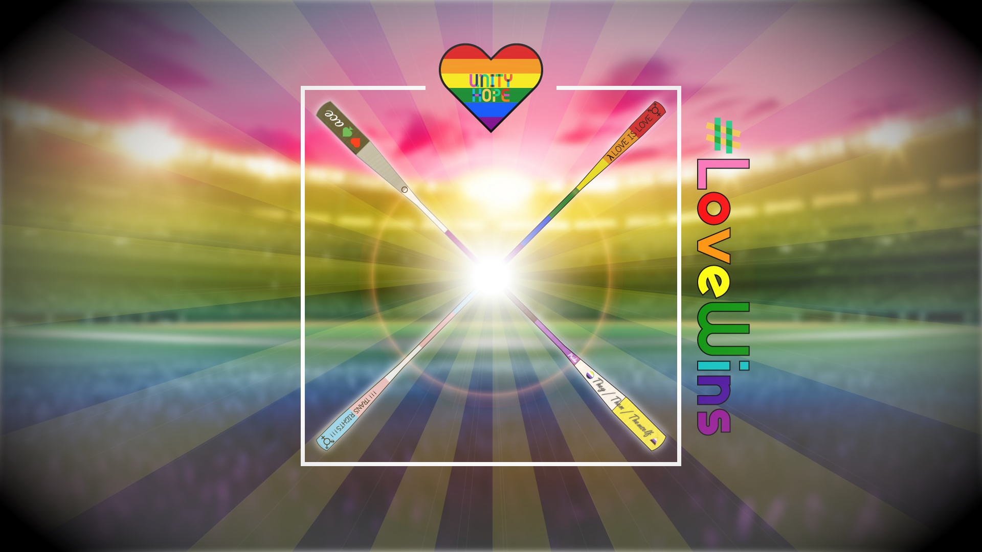 A desktop wallpaper depicting a rainbow baseball stadium at night.